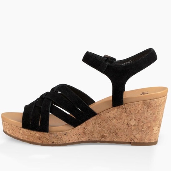 UGG Uma Black Suede Leather Cork Wedge Platform Heels Sandal Ankle Strap 9.5 - Picture 2 of 16